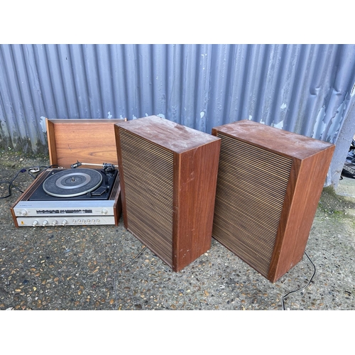 230 - A fidelity record deck together with teak cased speakers