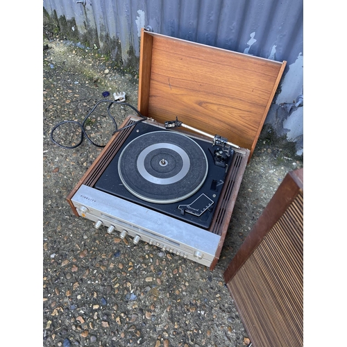 230 - A fidelity record deck together with teak cased speakers