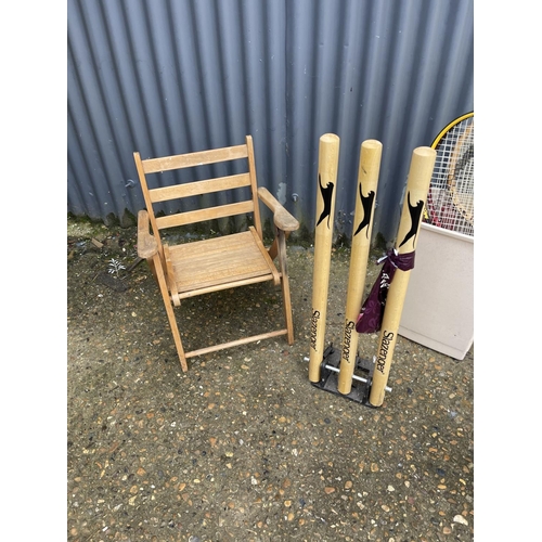 250 - Folding child's chair, childrens mower, cricket stumps and tennis rackets