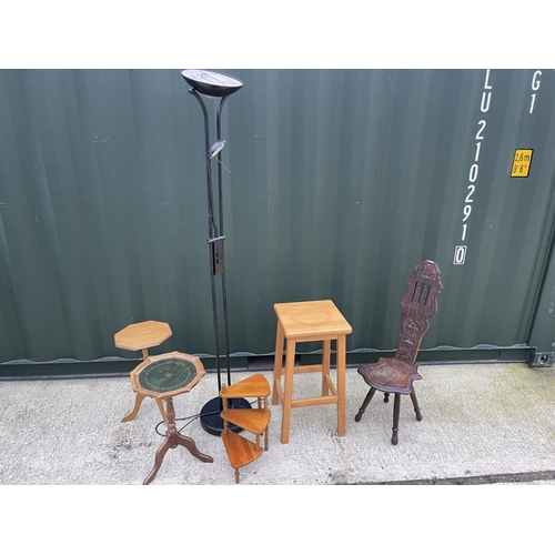 334 - An oak spinning chair together with floor lamp, two wine tables, step and a pine stool