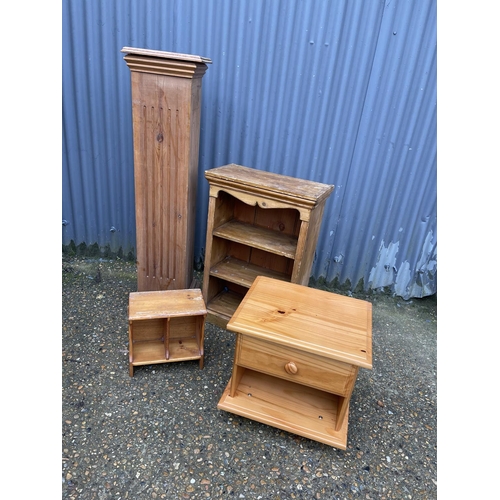 4 - A pine pedestal stand (123cm) together with a pine bedside and two pine bookshelves