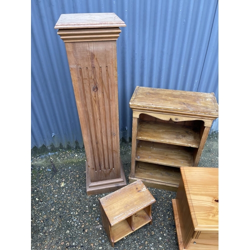 4 - A pine pedestal stand (123cm) together with a pine bedside and two pine bookshelves