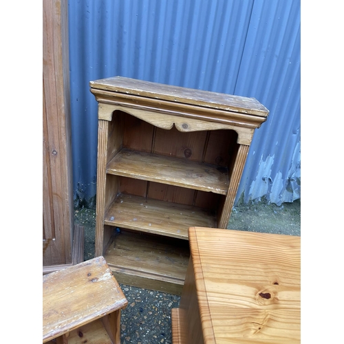 4 - A pine pedestal stand (123cm) together with a pine bedside and two pine bookshelves