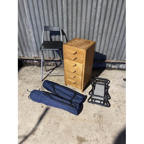 414 - A light oak workshop chest, folding stool, two folding chairs and a kneeler