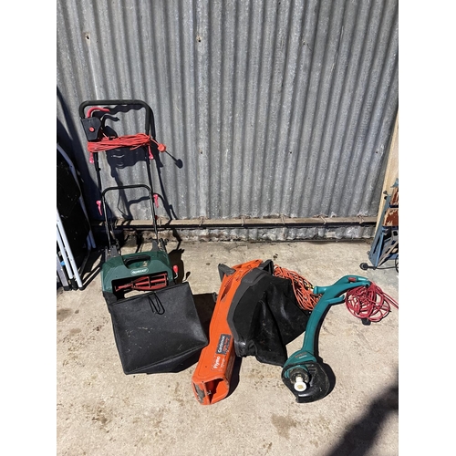 416 - Qualcast electric mower, Flymo leaf collector and a strimmer