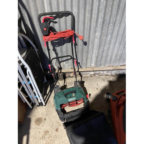 416 - Qualcast electric mower, Flymo leaf collector and a strimmer