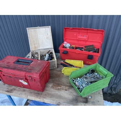 417 - Two red tool boxes, wooden box of sockets and two tubs of spanner, bolts etc