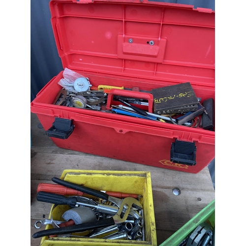 417 - Two red tool boxes, wooden box of sockets and two tubs of spanner, bolts etc