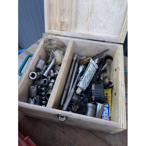 417 - Two red tool boxes, wooden box of sockets and two tubs of spanner, bolts etc