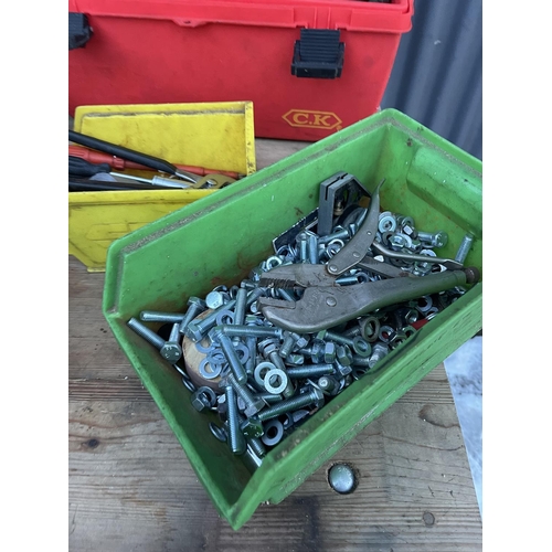 417 - Two red tool boxes, wooden box of sockets and two tubs of spanner, bolts etc