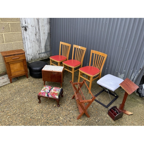 42 - Three kitchen chairs, two sewing box, black stool, magazine rack, kneeler and mini lectern