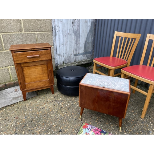 42 - Three kitchen chairs, two sewing box, black stool, magazine rack, kneeler and mini lectern