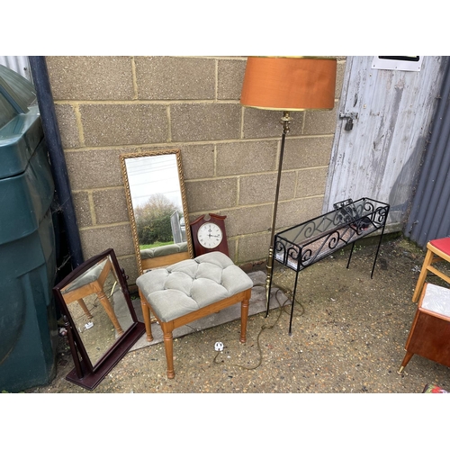 43 - Two mirrors, brass standard lamp, clock, metalwork planter and a stool