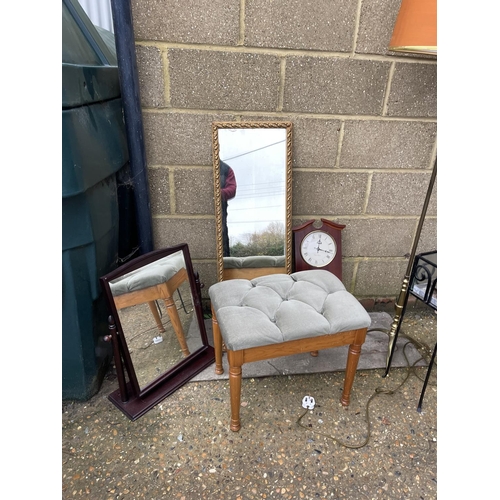 43 - Two mirrors, brass standard lamp, clock, metalwork planter and a stool