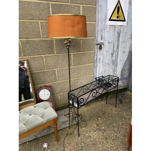 43 - Two mirrors, brass standard lamp, clock, metalwork planter and a stool