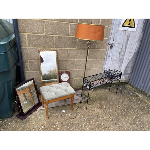 43 - Two mirrors, brass standard lamp, clock, metalwork planter and a stool