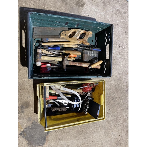 430 - Two trays of tools including hammers, plier, saws etc