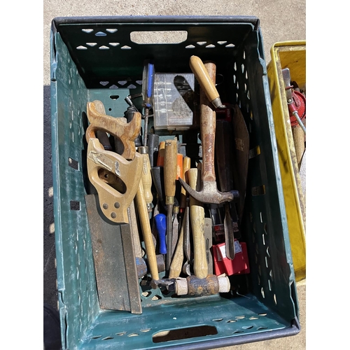 430 - Two trays of tools including hammers, plier, saws etc