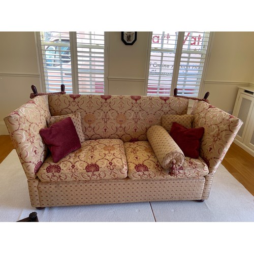 54 - A pair of grand red and gold pattern drop end Knoll sofas with associated bolster and scatter cushio... 