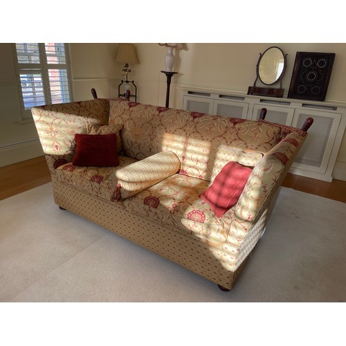 54 - A pair of grand red and gold pattern drop end Knoll sofas with associated bolster and scatter cushio... 