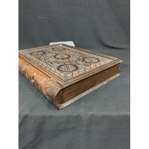 527 - Carved wooden box in the form of a book, size 56 x 44 x 10cms