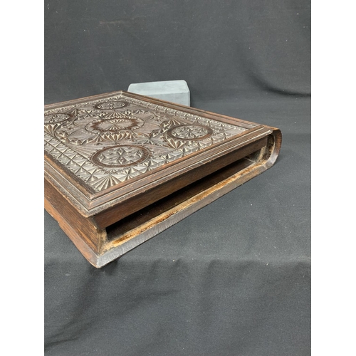 527 - Carved wooden box in the form of a book, size 56 x 44 x 10cms