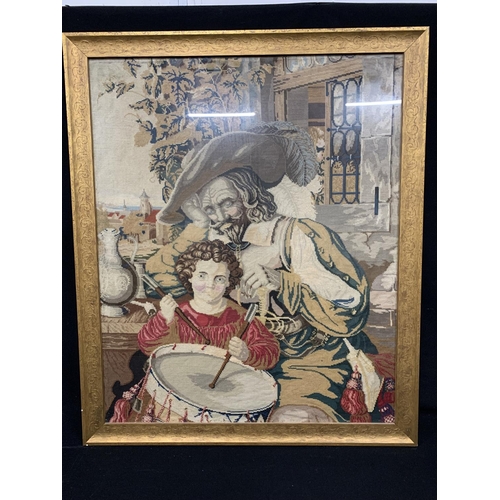 529 - Gilt framed tapestry, cavalier and drummer boy , 72 x 85cms