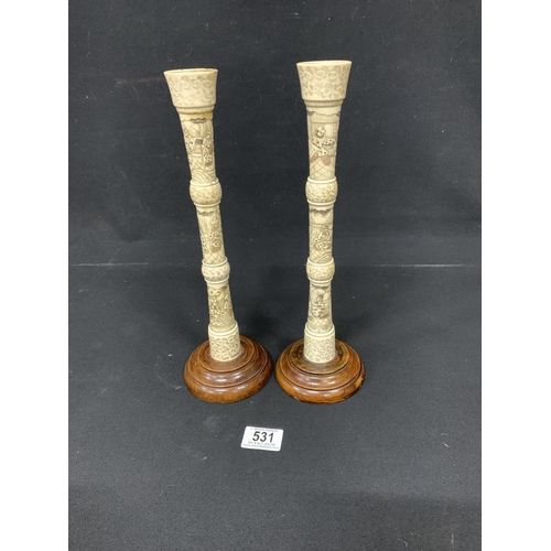 531 - Pair of oriental bone candlesticks, height 33cms