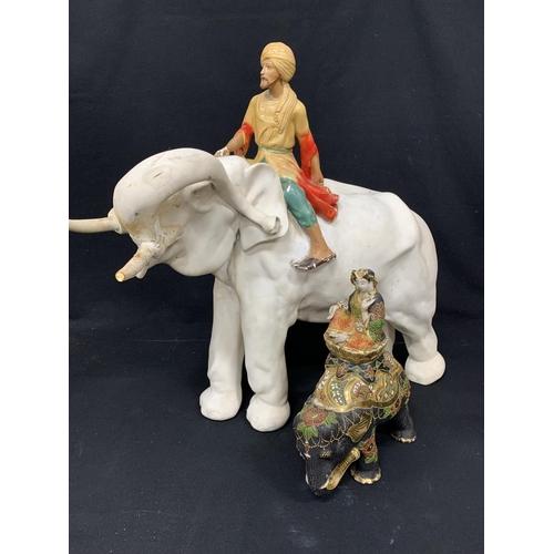 532 - Satsuma Elephant Figure, height 31cms and large chalk elephant figure and rider, height 62cms, with ... 