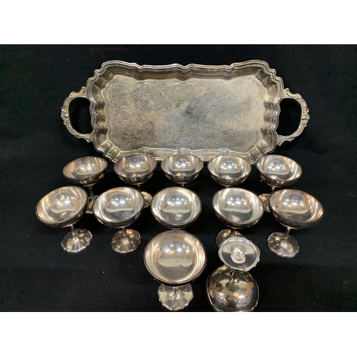 560 - Set of twelve Mappin and Webb plated sundae dishes and two handled plated tray