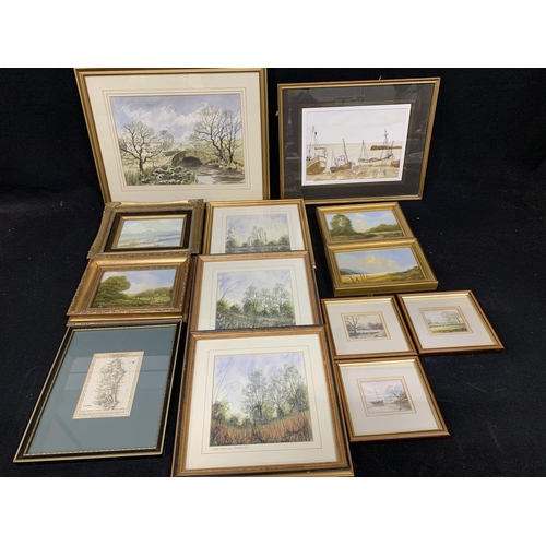 564 - Collection of Watercolours and oils and a small framed map of Sussex