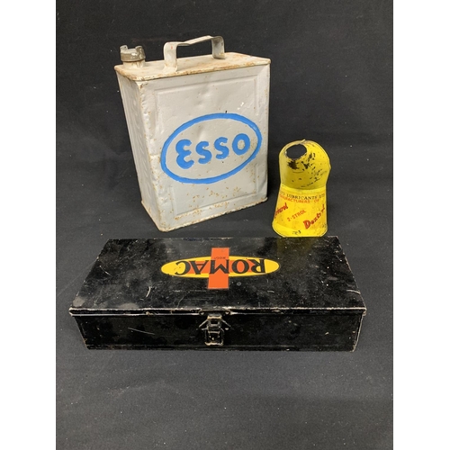 583 - Esso 2 gallon can, oil can and Romac tool box (empty )