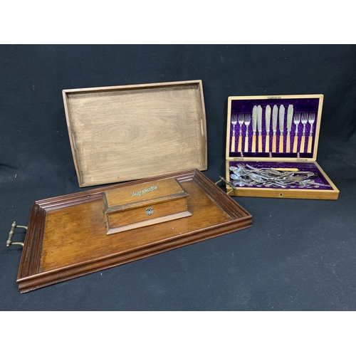 585 - 2 wooden trays, oak cigarette box and part canteen