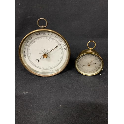 588 - Brass cased aneroid Barometer 13cms diameter and a brass cased Holosteric barometer, 7cms diameter