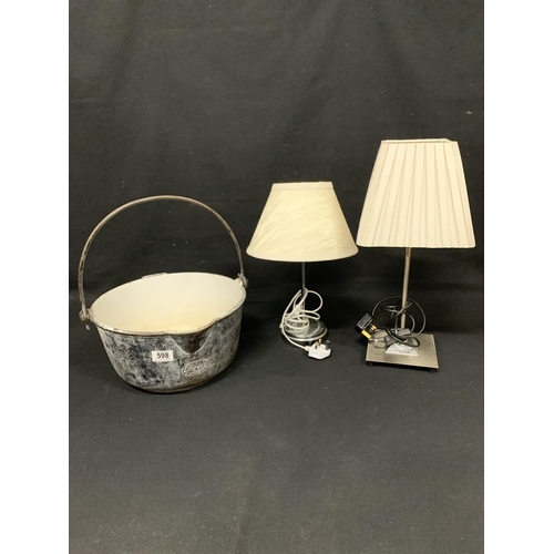 598 - Heavy cast iron pan and 2 table lamps