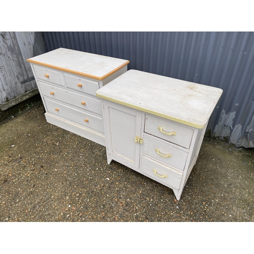 6 - A painted chest of four drawers, together with a three drawer sideboard  larger 92x44x 77