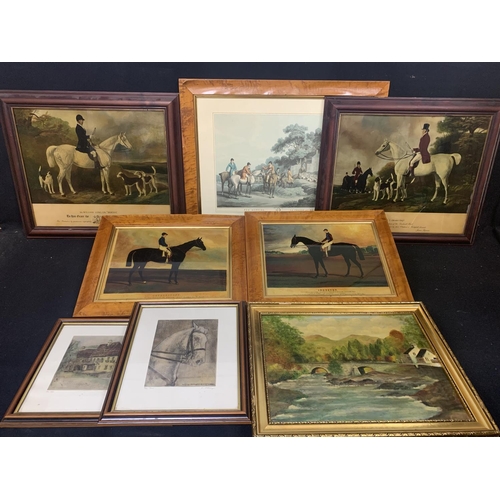 660 - 5 framed horse prints, 2 silk pictures and an oil (8)