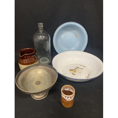 667 - 2 enamel bowls, bottle, and plated dish