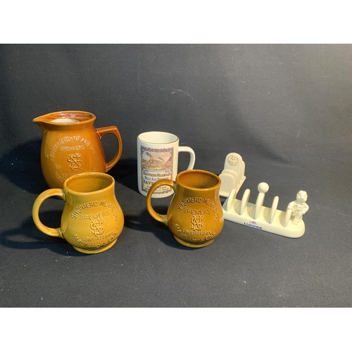 680 - Shepherd Neame brewery Jug and 3 mugs, and lurpak toast racks