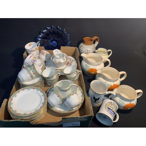 682 - Two Floral tea sets, blue glass dish, Denby and other jugs, tankards