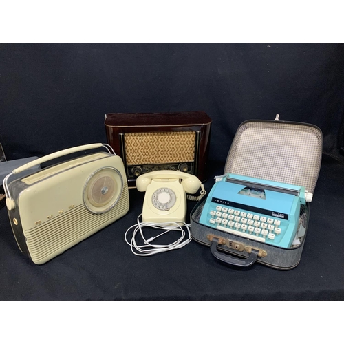 689 - Petite Junior typewriter, vintage telephone, Bush radio and mains radio