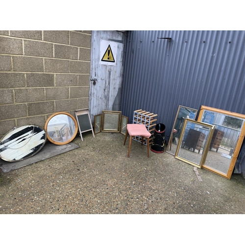 72 - Six assorted mirrors together with a retro stool, wine rack, wash board an painted umbrella stand