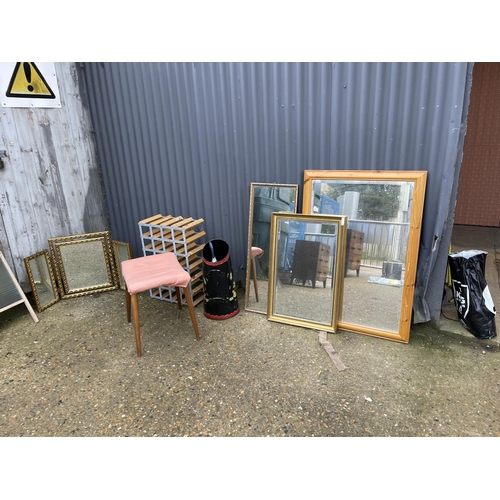 72 - Six assorted mirrors together with a retro stool, wine rack, wash board an painted umbrella stand