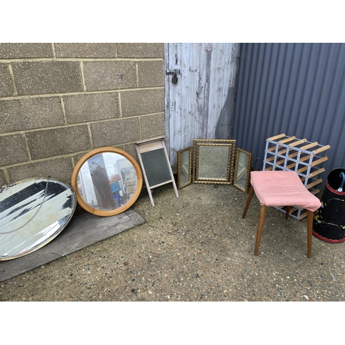 72 - Six assorted mirrors together with a retro stool, wine rack, wash board an painted umbrella stand