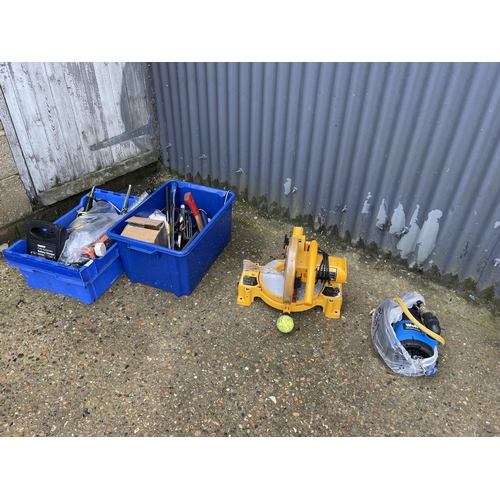 75 - Two crates of tools, chop saw and a pump