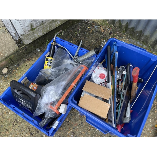 75 - Two crates of tools, chop saw and a pump