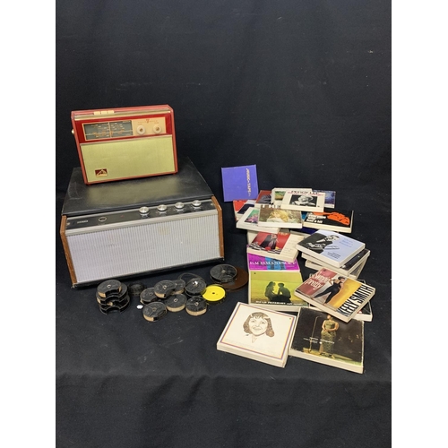 ITT Record player, pathe film spools, HMV Radio and four Track tapes