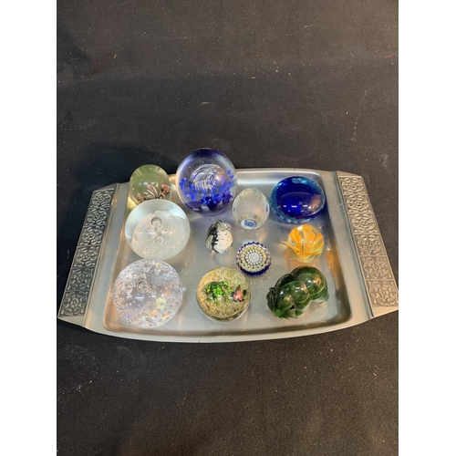 801 - Pewter tray and Paperweights