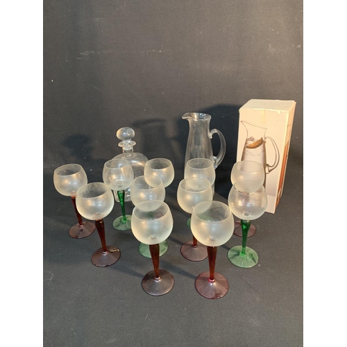 803 - Dartington Glass jug & Decanter and 11 colour stem glasses