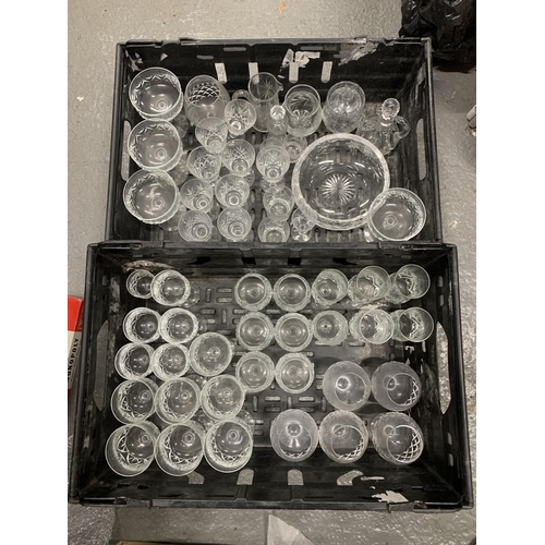 804 - Two trays cut glass drinking glasses and glassware